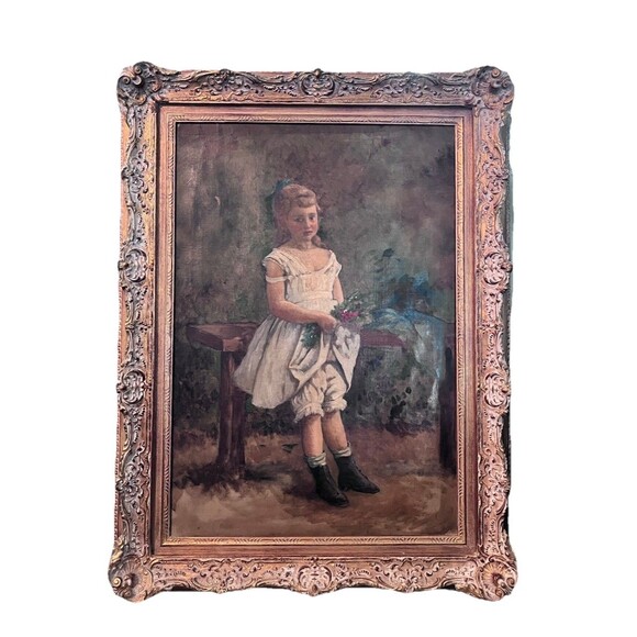 Large Oil Painting Victorian Girl Gold Ornate Frame Full Standing Portrait - Picture 1 of 11